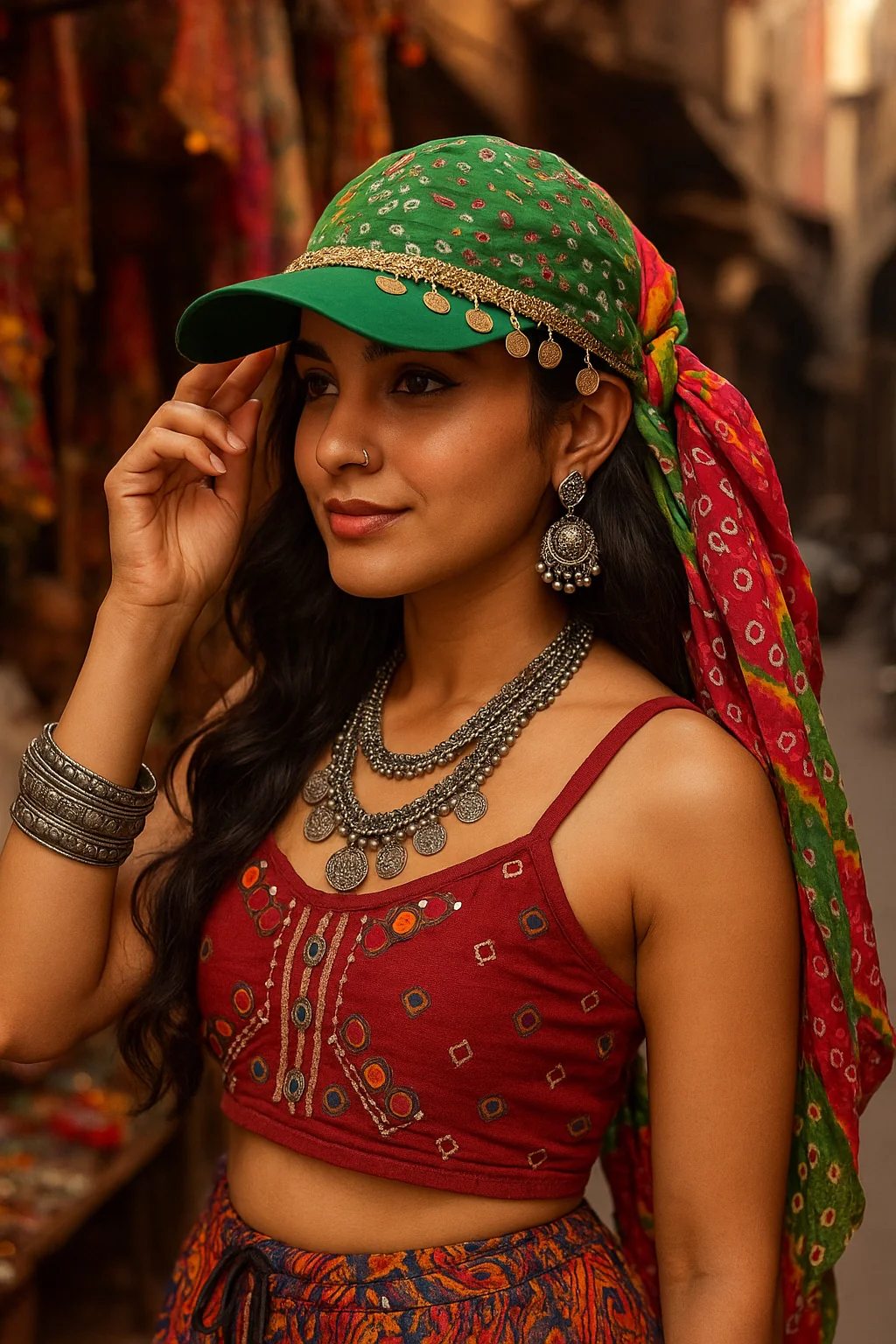 Bandhani  Boho Scarf Cap – Tribal Green Edition