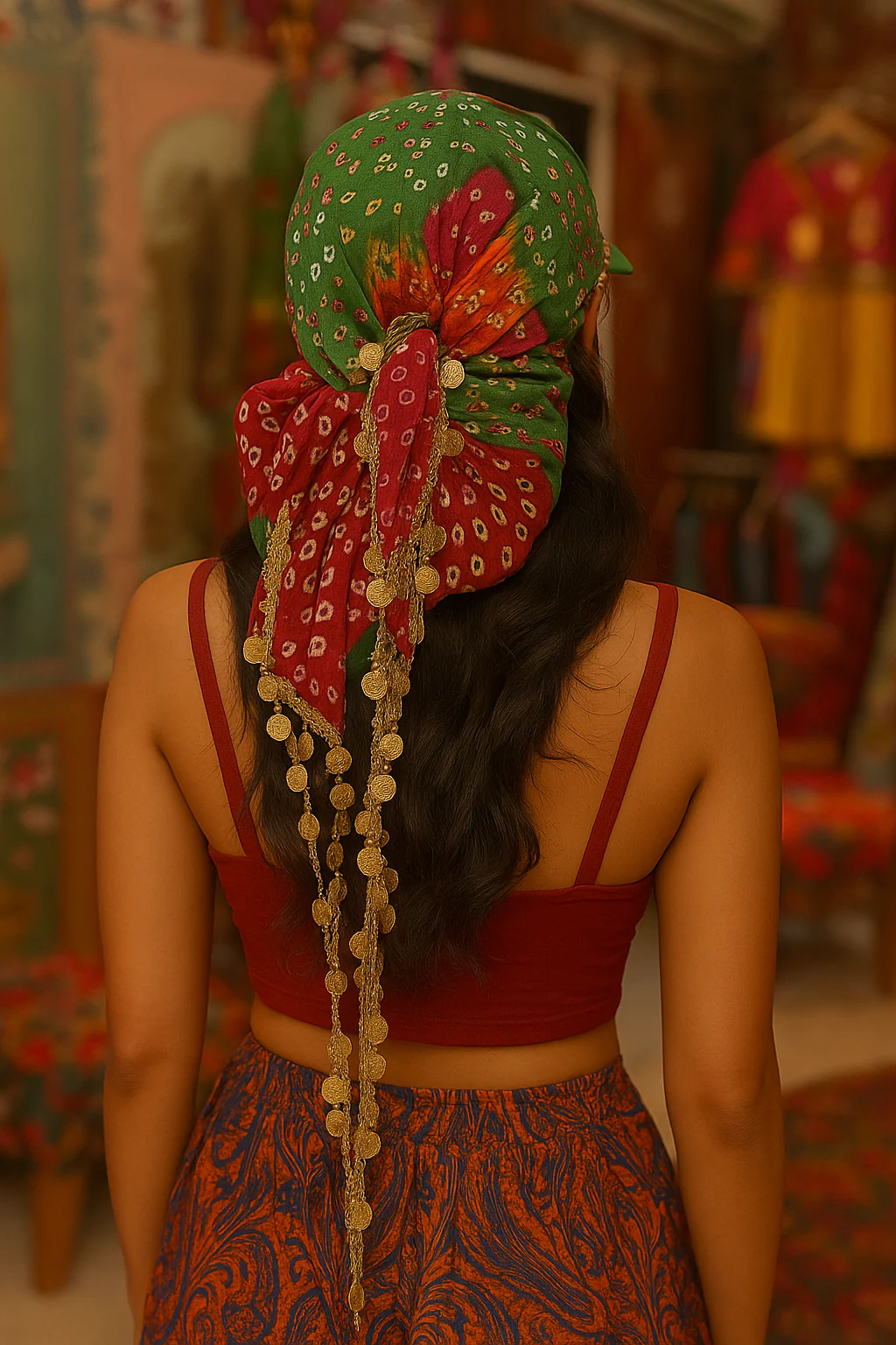 Bandhani  Boho Scarf Cap – Tribal Green Edition - Image 2