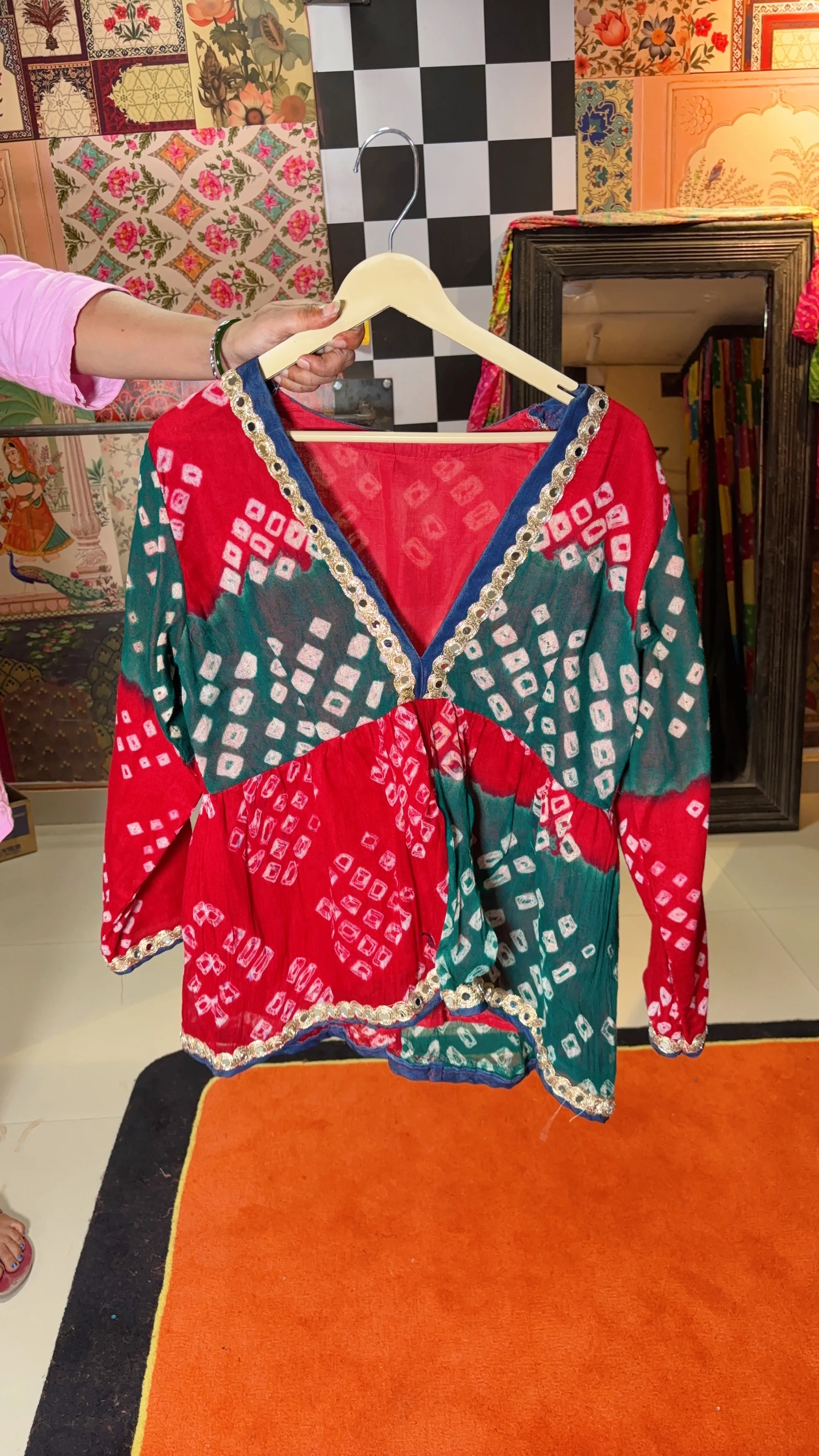 Bandhani Cotton & Denim Peplum Top with Lace Detailing - Image 3