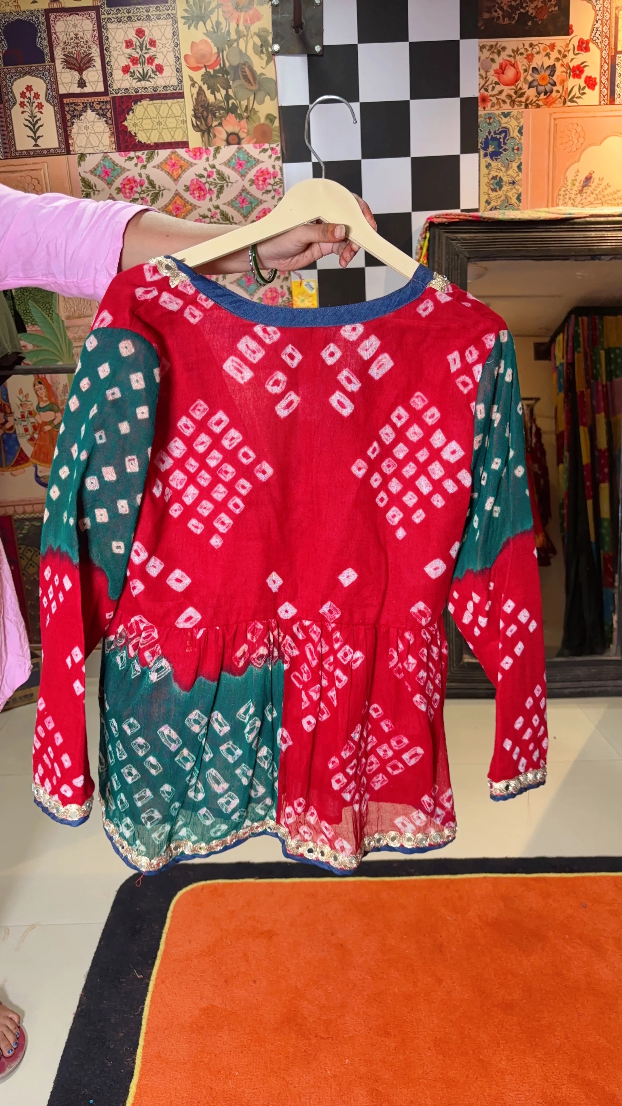 Bandhani Cotton & Denim Peplum Top with Lace Detailing - Image 4