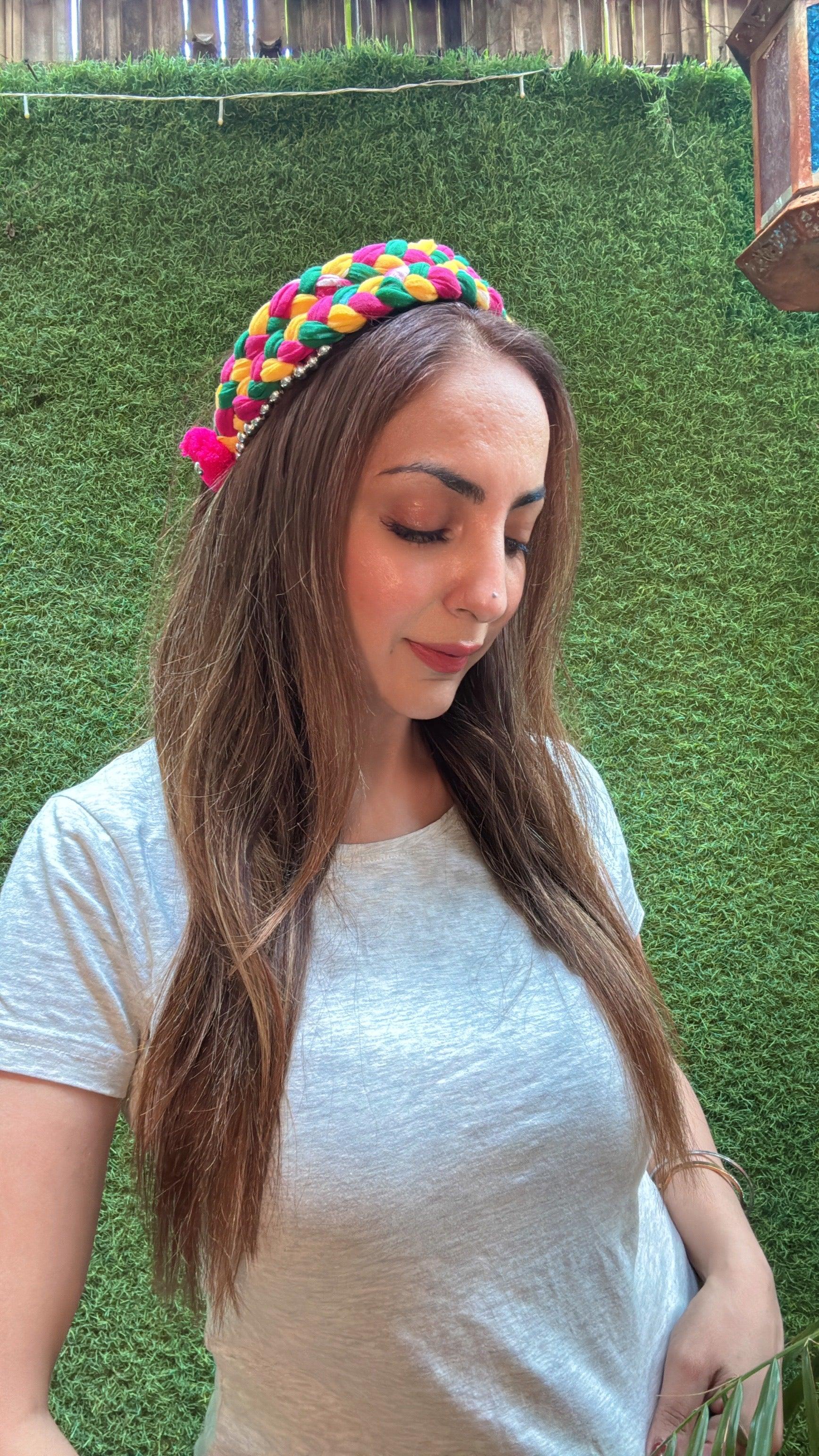 Bandhani Gulaal Braided Crown | Multicolor Festive Headband - Image 3