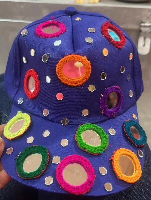 Candy Pop Mirror Cap – Electric Blue with Multicolor Embroidery - Image 4