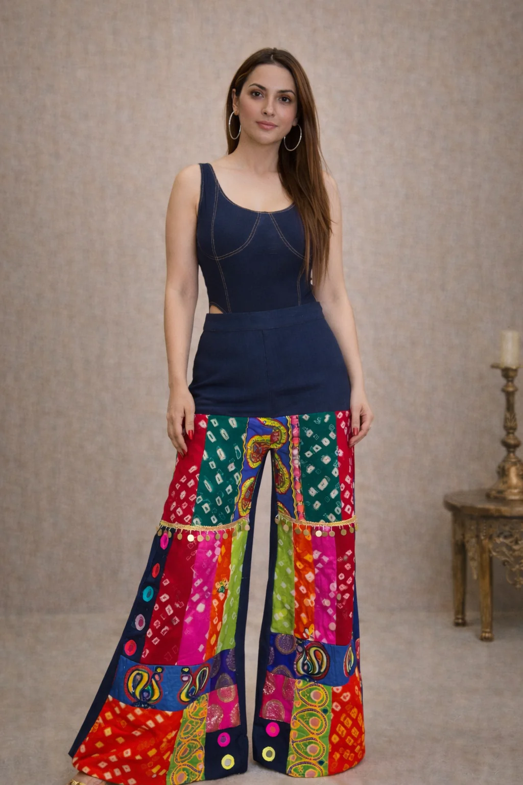 Denim Colour Splash Patchwork Pants – Multicolour Mirrorwork Flare