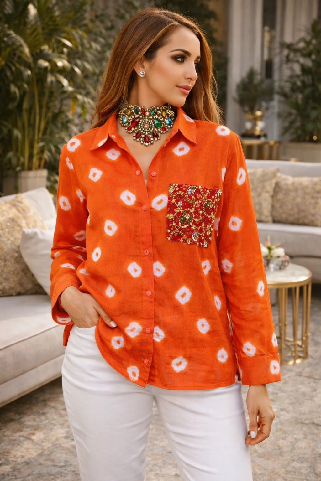 Cotton Bandhini Embellished Shirt - Image 8