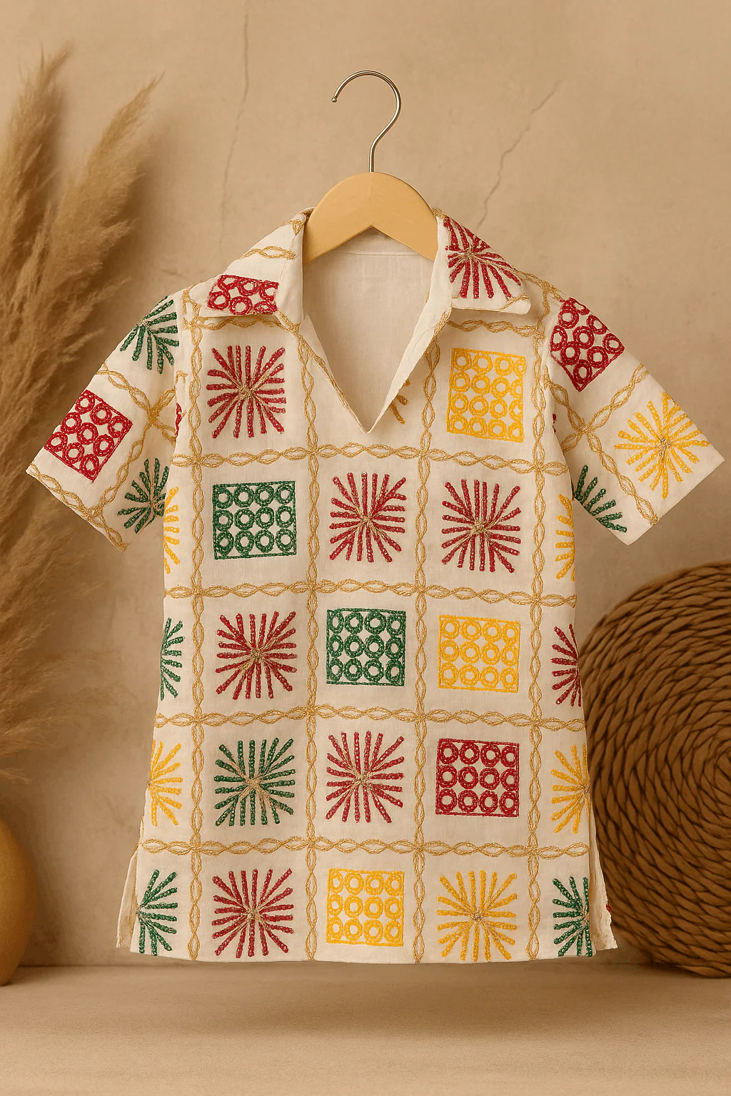 Cream Multicolor Embroidered Grid Shirt – Boys - Image 2