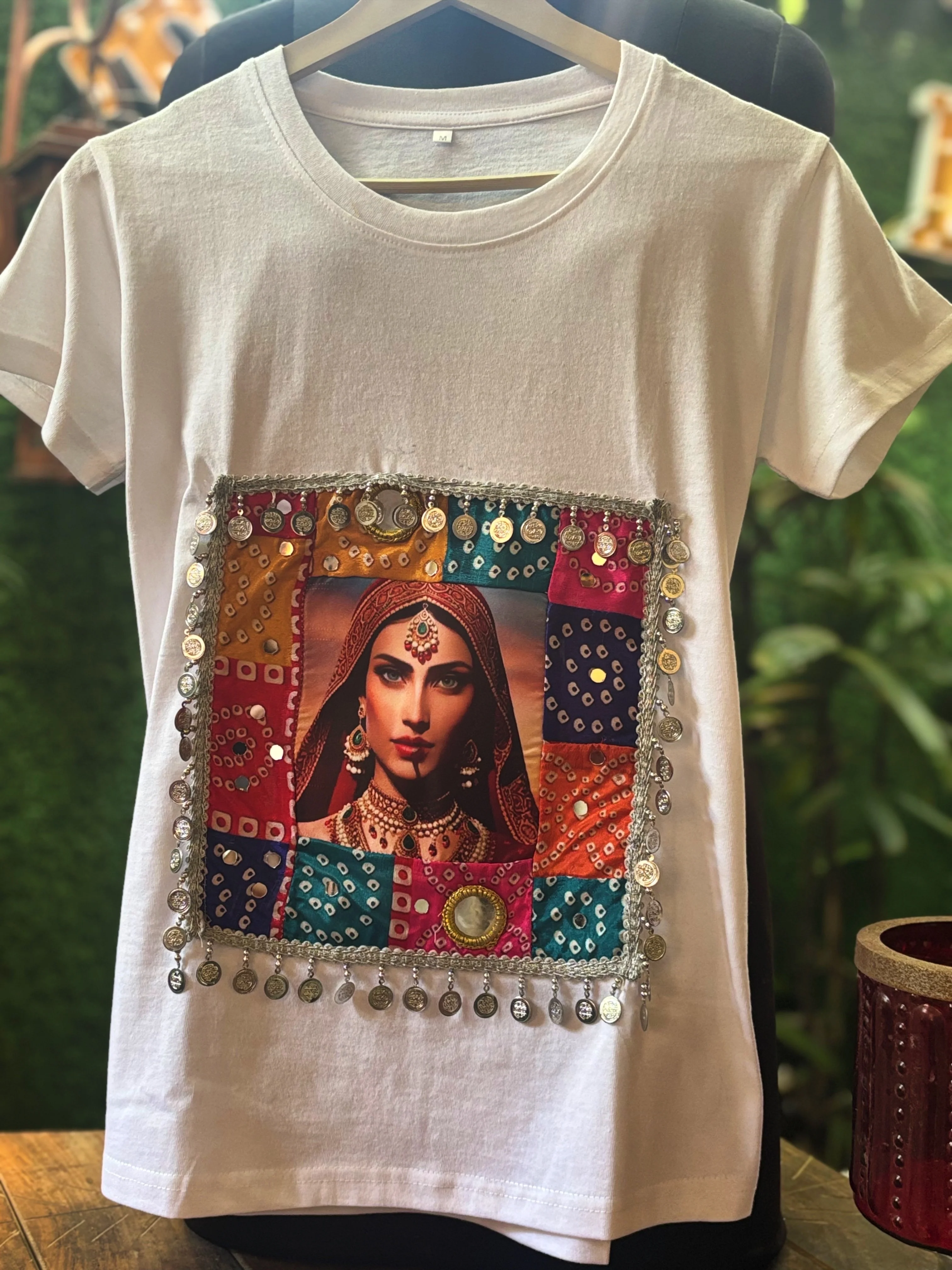 Desi Diva Boho Patch T-Shirt – Handcrafted Mirror & Coin Work Detail - Image 2