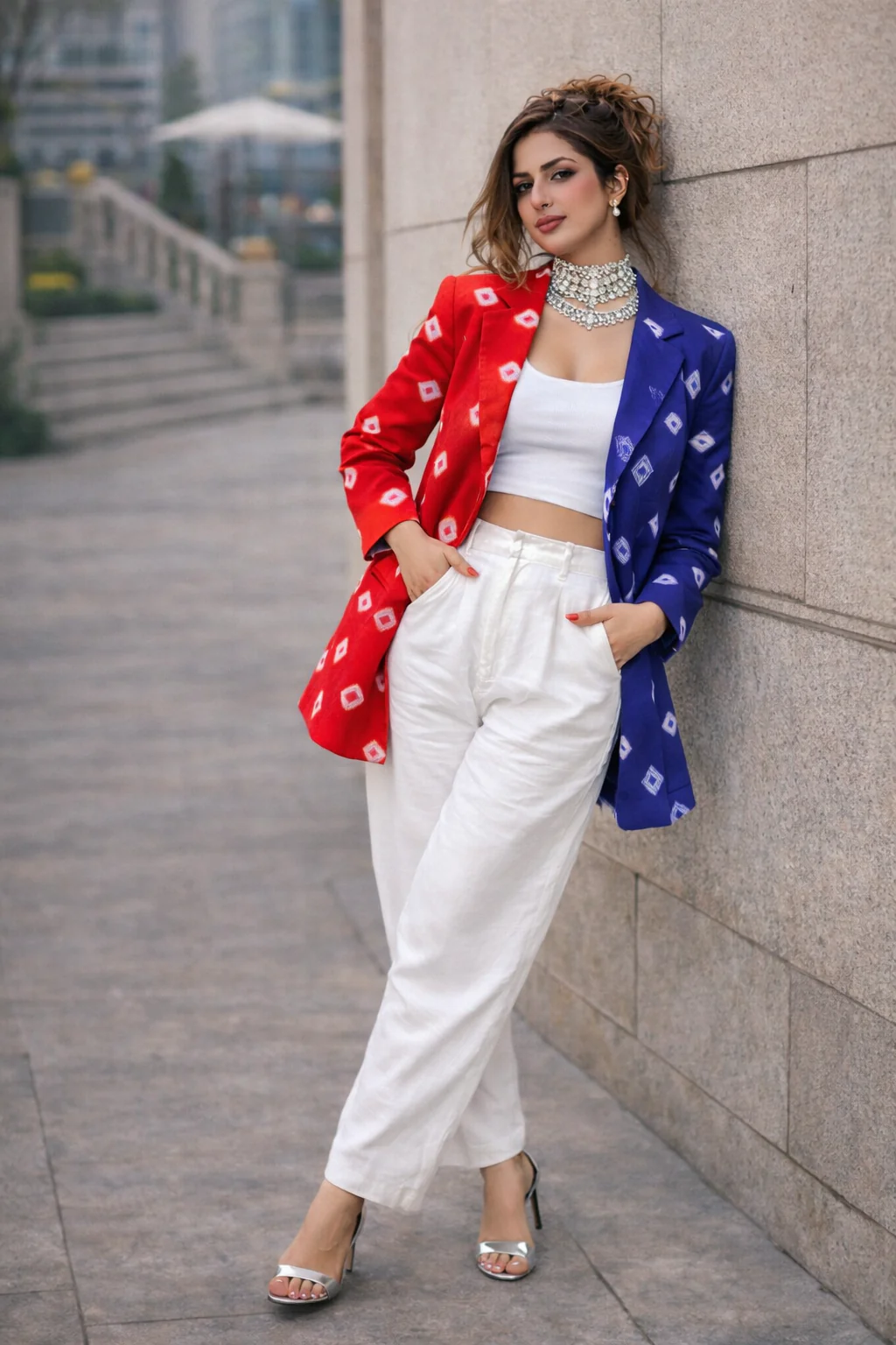 Dual-Tone  Red & Indigo Bandhani Statement Blazer