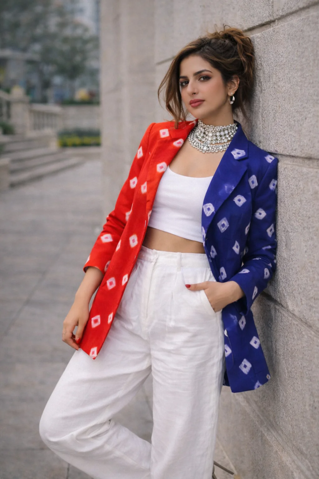 Dual-Tone  Red & Indigo Bandhani Statement Blazer - Image 3