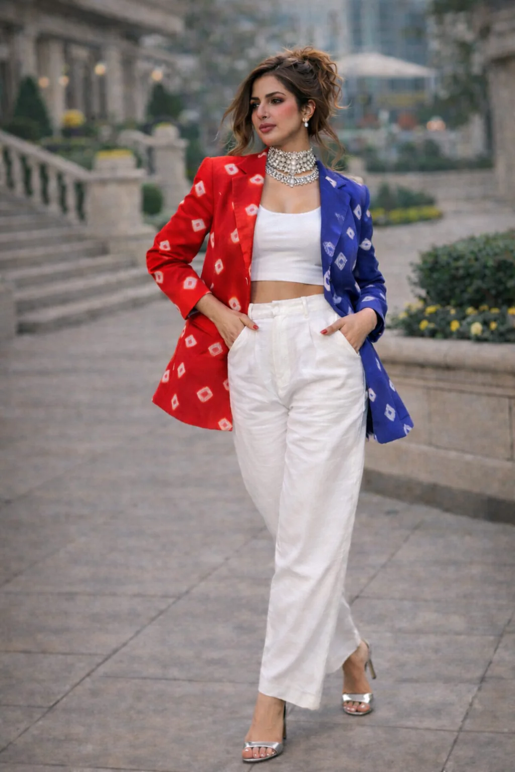 Dual-Tone  Red & Indigo Bandhani Statement Blazer - Image 4