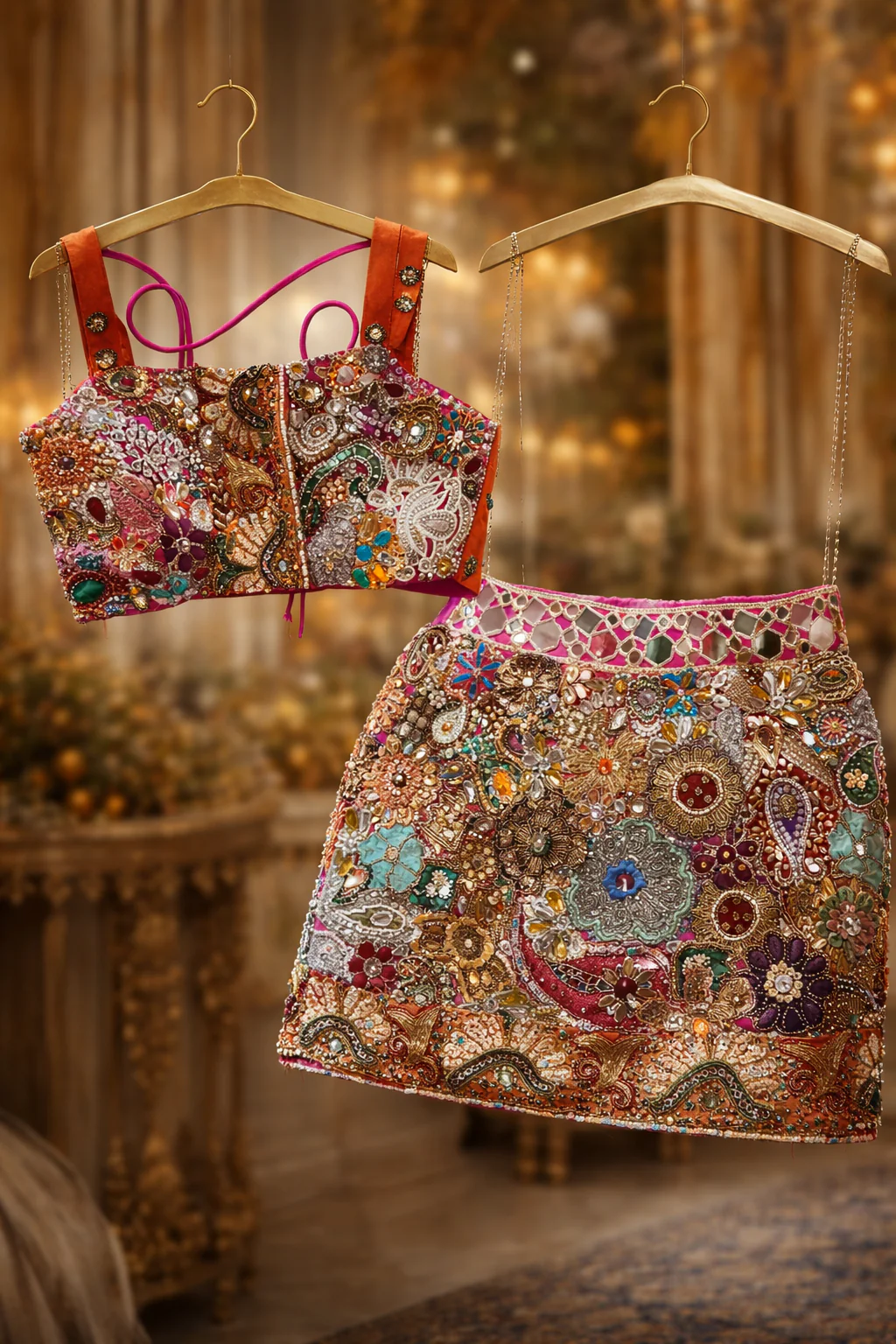 Hand-Embroidered Mirror & Sequin Bustier with Mini Skirt Set - Image 3