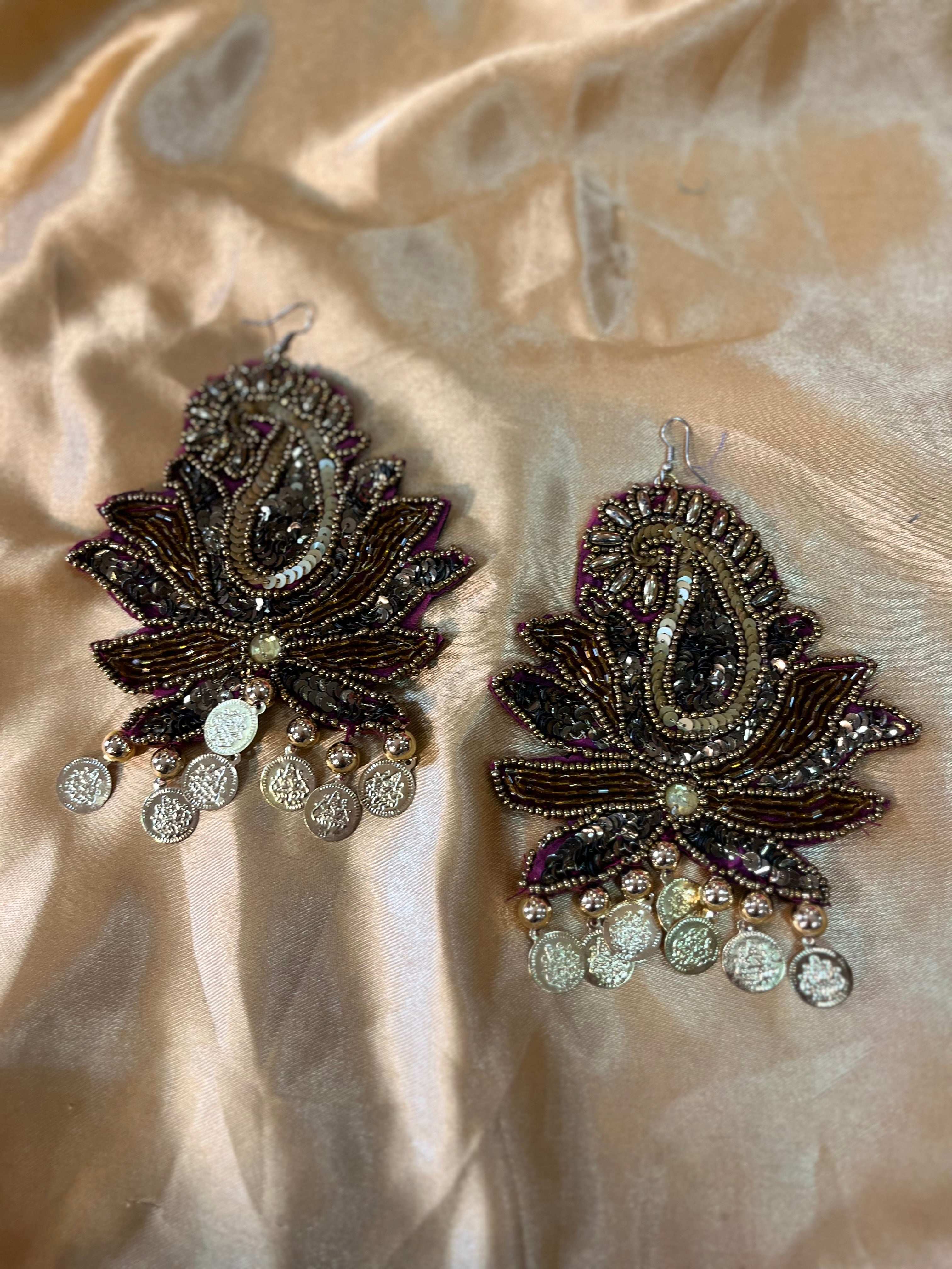 Lotus Motif Hand-Embroidered Statement Earrings - Image 2