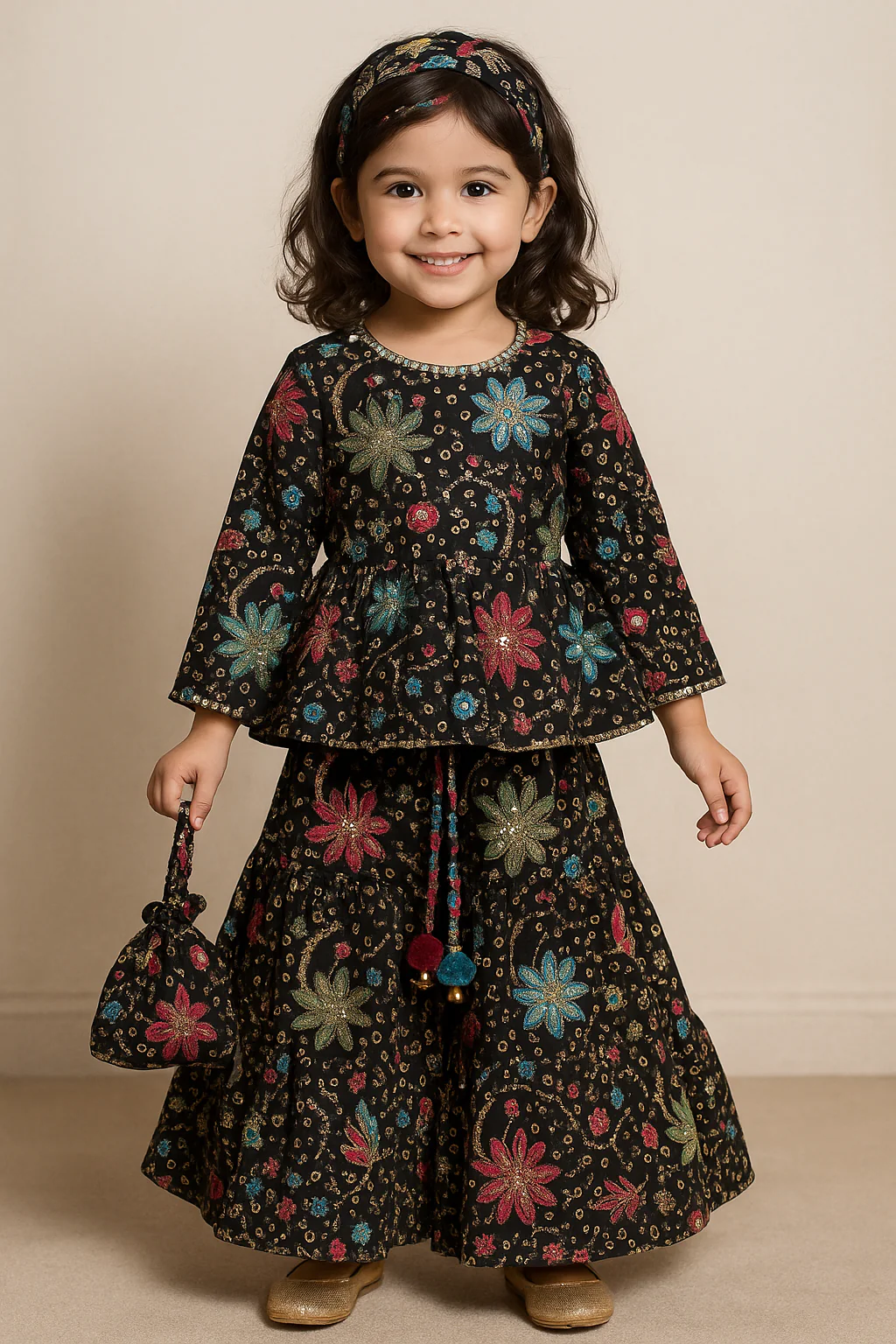 Midnight Bloom Embroidered Peplum & Skirt Set