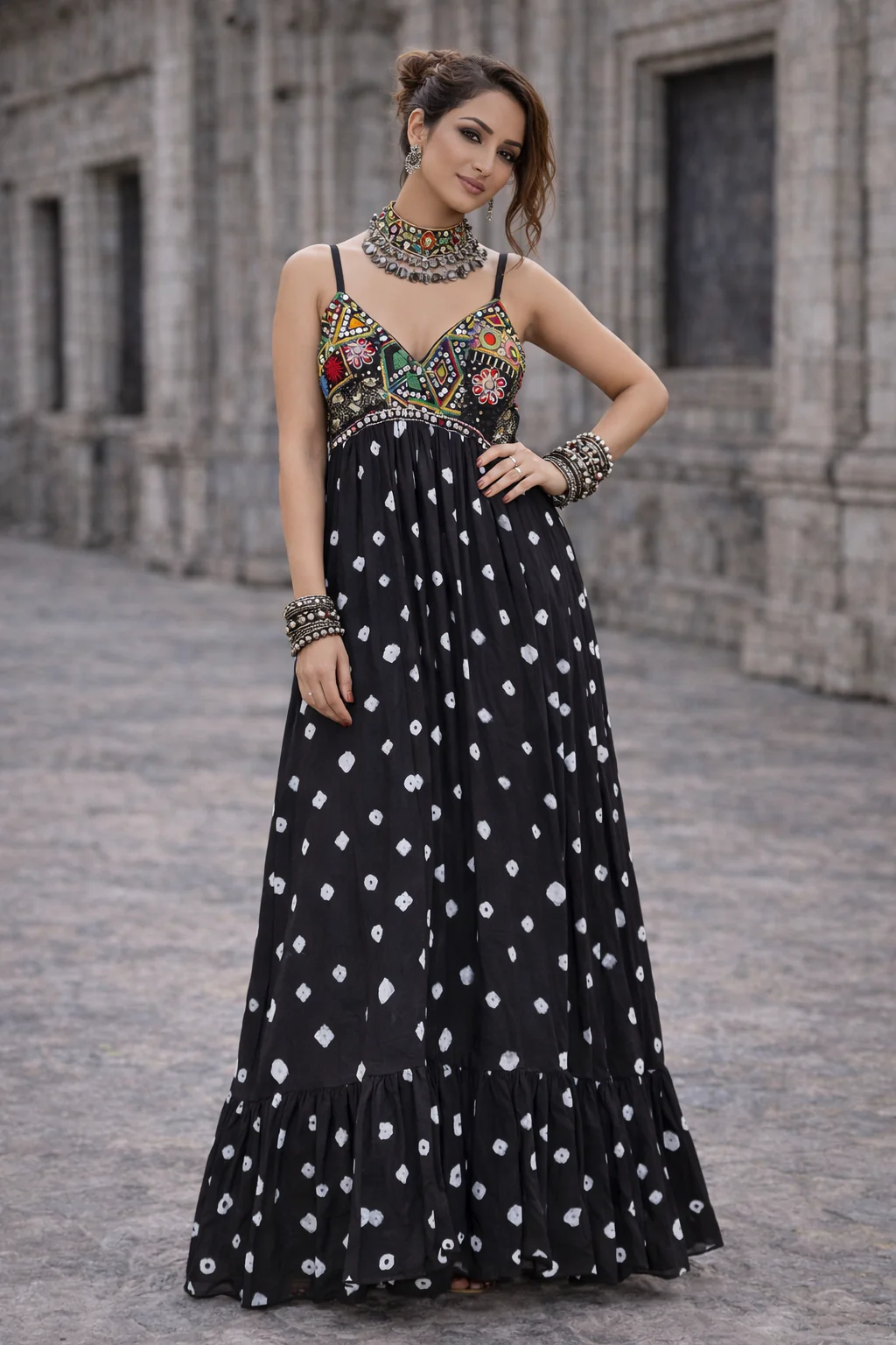 Midnight elegance black bandhini maxi dress