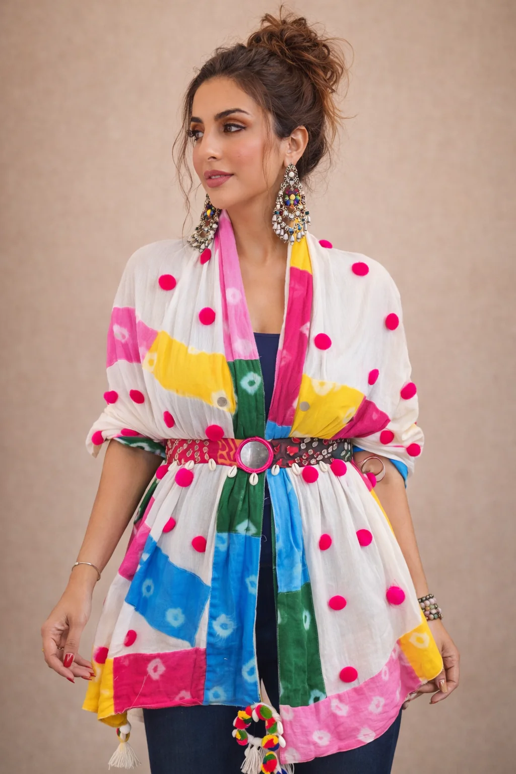 Multistyle Bandhani Patchwork Stole with Belt