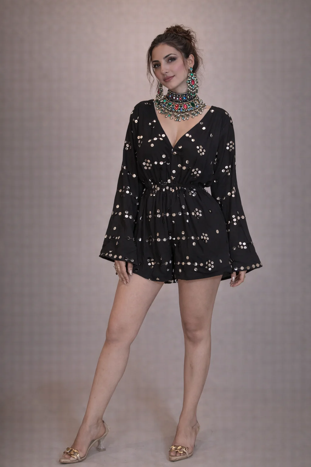Noor Embroidered Mirror Cotton Playsuit - Image 3