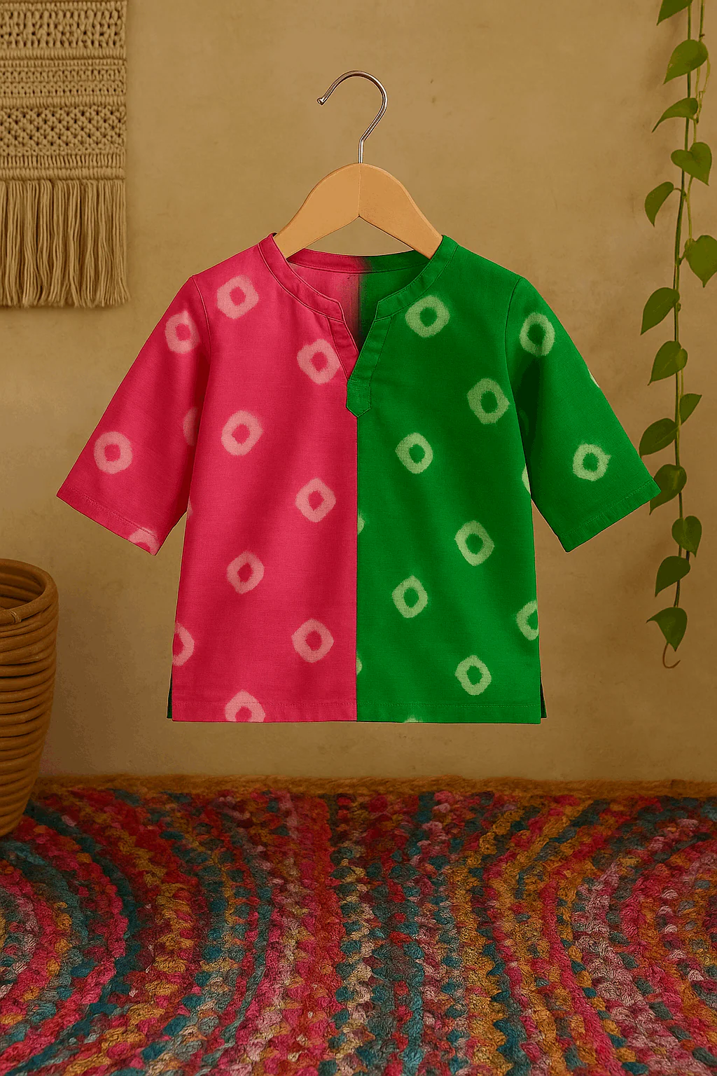 Pink & Green Dual-Tone Bandhani Kurta – Boys - Image 2