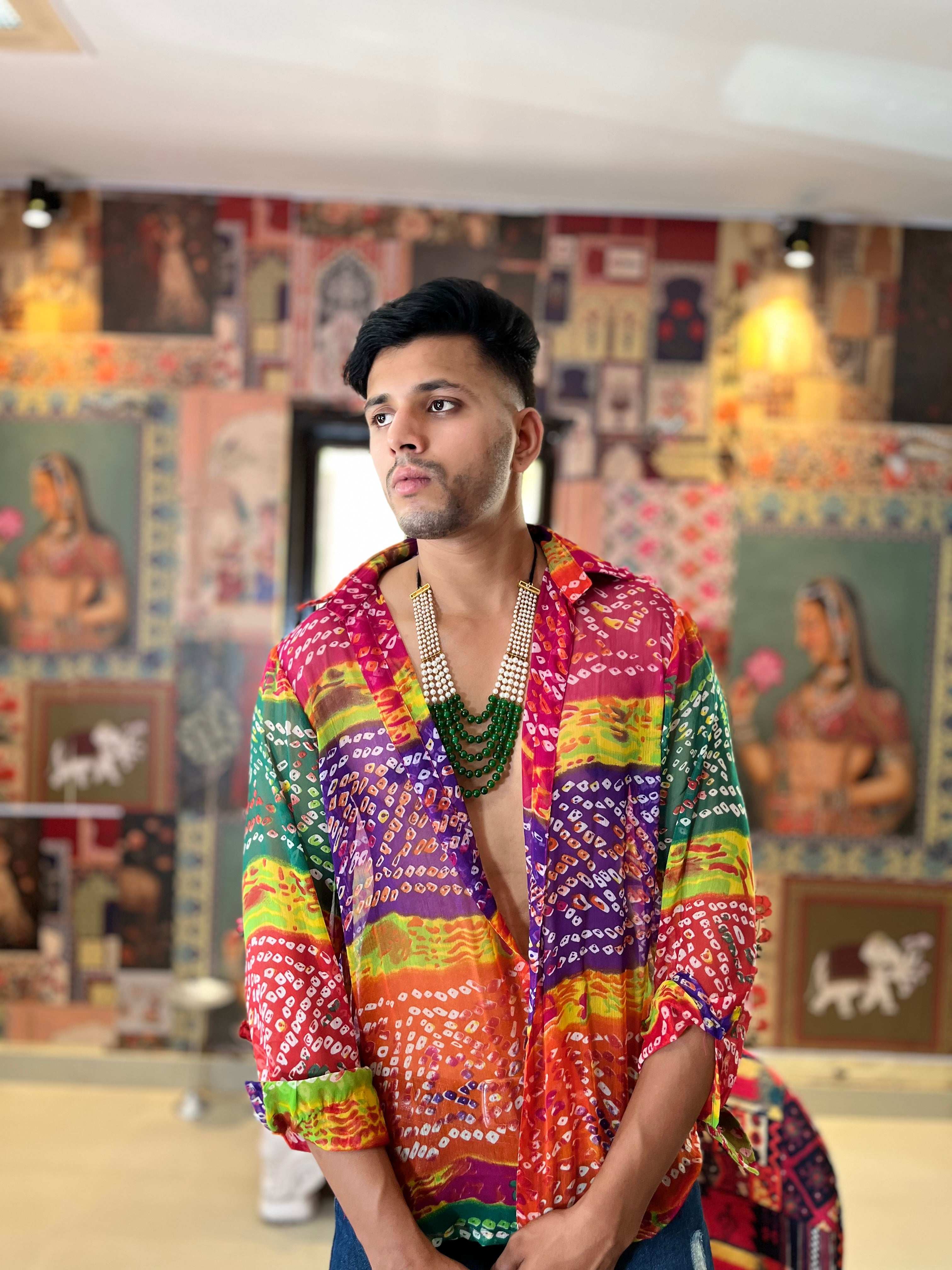 Rainbow Bandhani Printed sheer Boho Shirt - Image 5