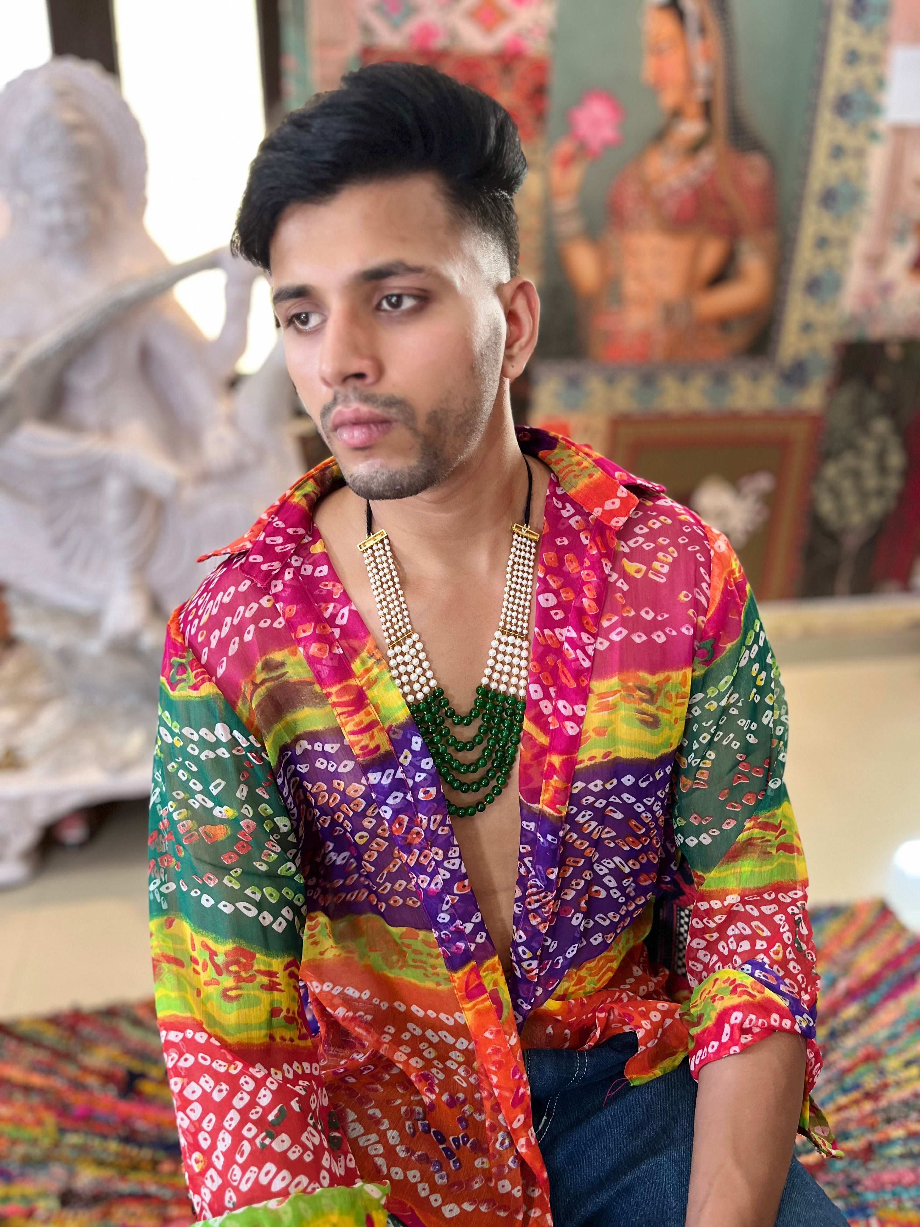 Rainbow Bandhani Printed sheer Boho Shirt - Image 6