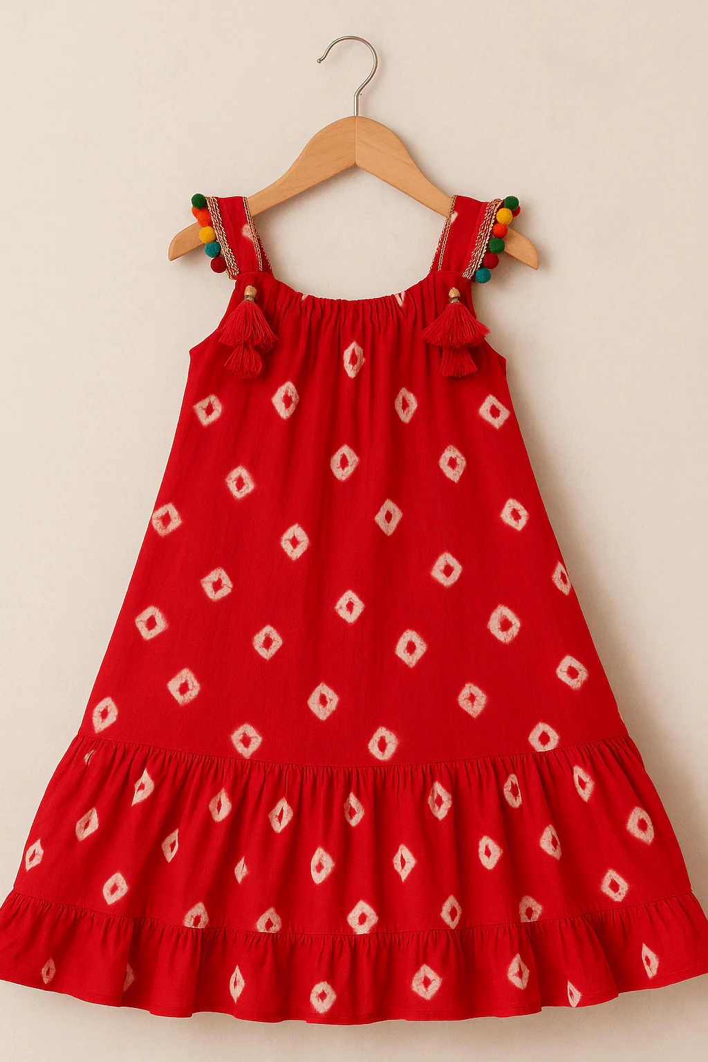 Red  Pom-Pom Shoulder Dress – Girls - Image 2