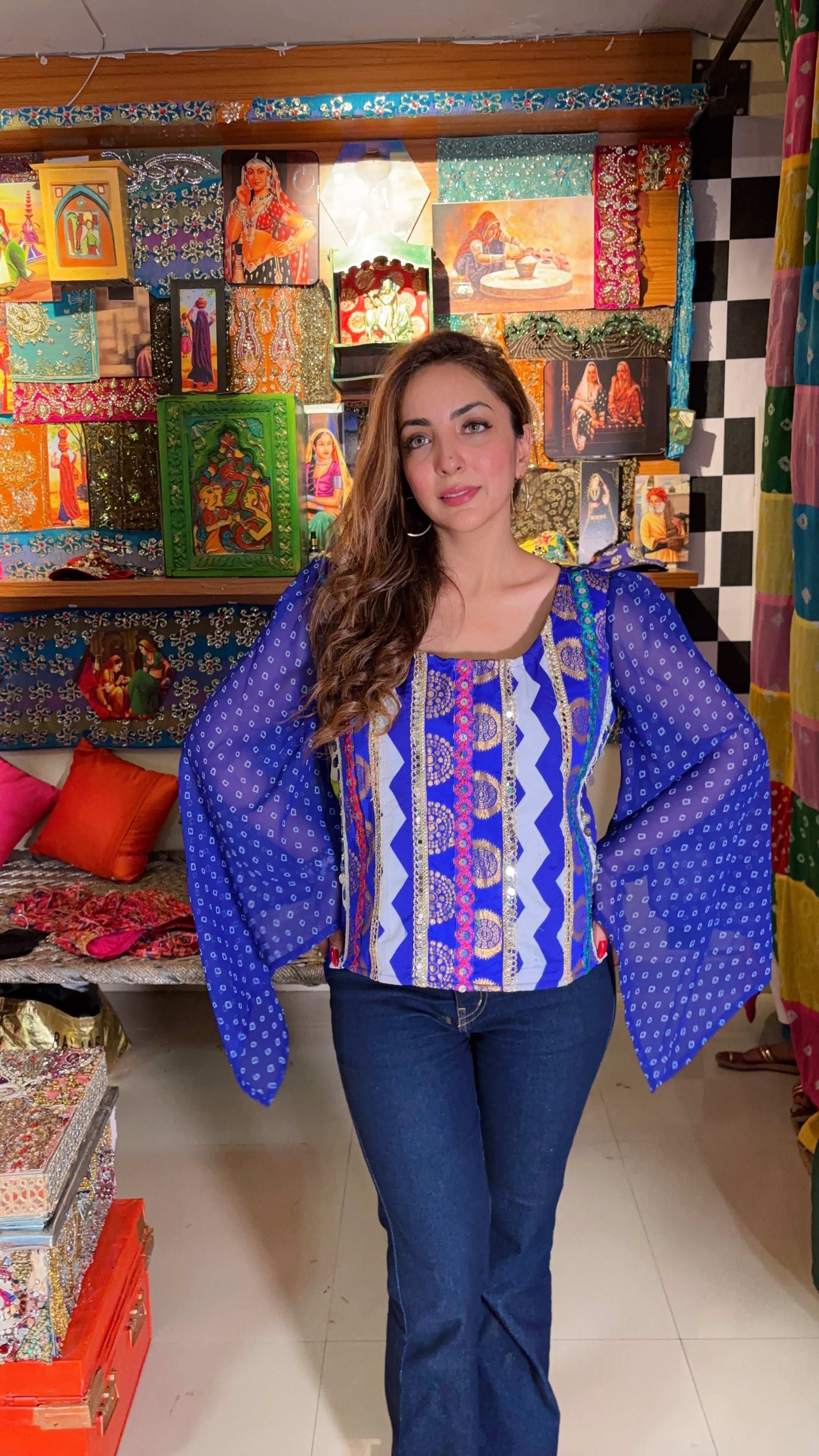 Royal Blue Mirror Flare Sleeve Top - Image 2