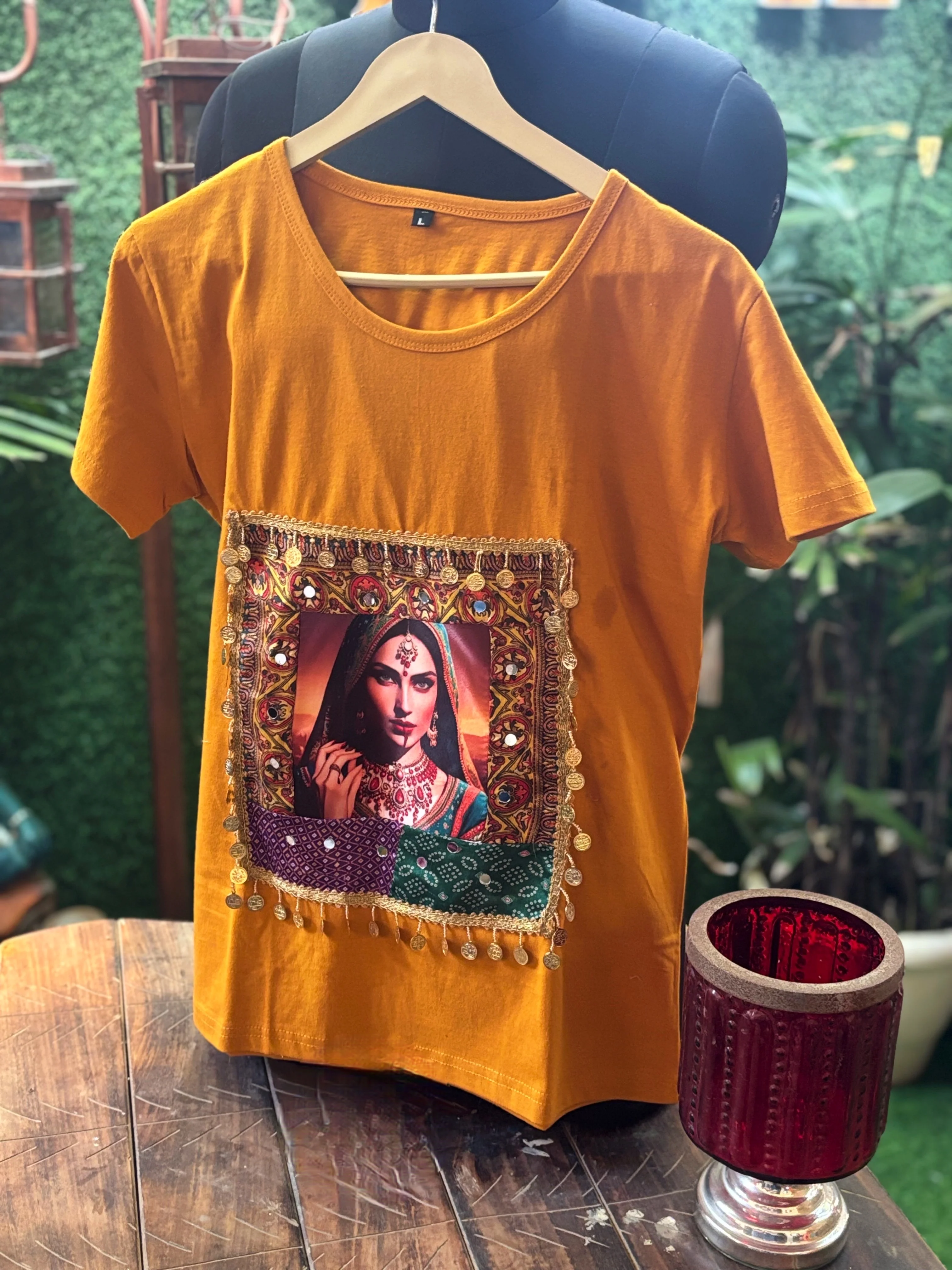 Maharani  Muse Boho Patch T-Shirt – Mustard Edition with Handcrafted Mirror & Coin Lace - Image 2
