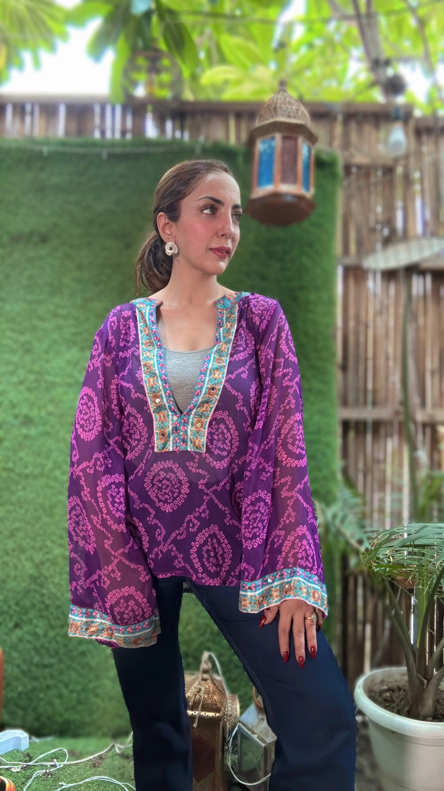 Sheer printed kurti with embellished neck purple - Image 3