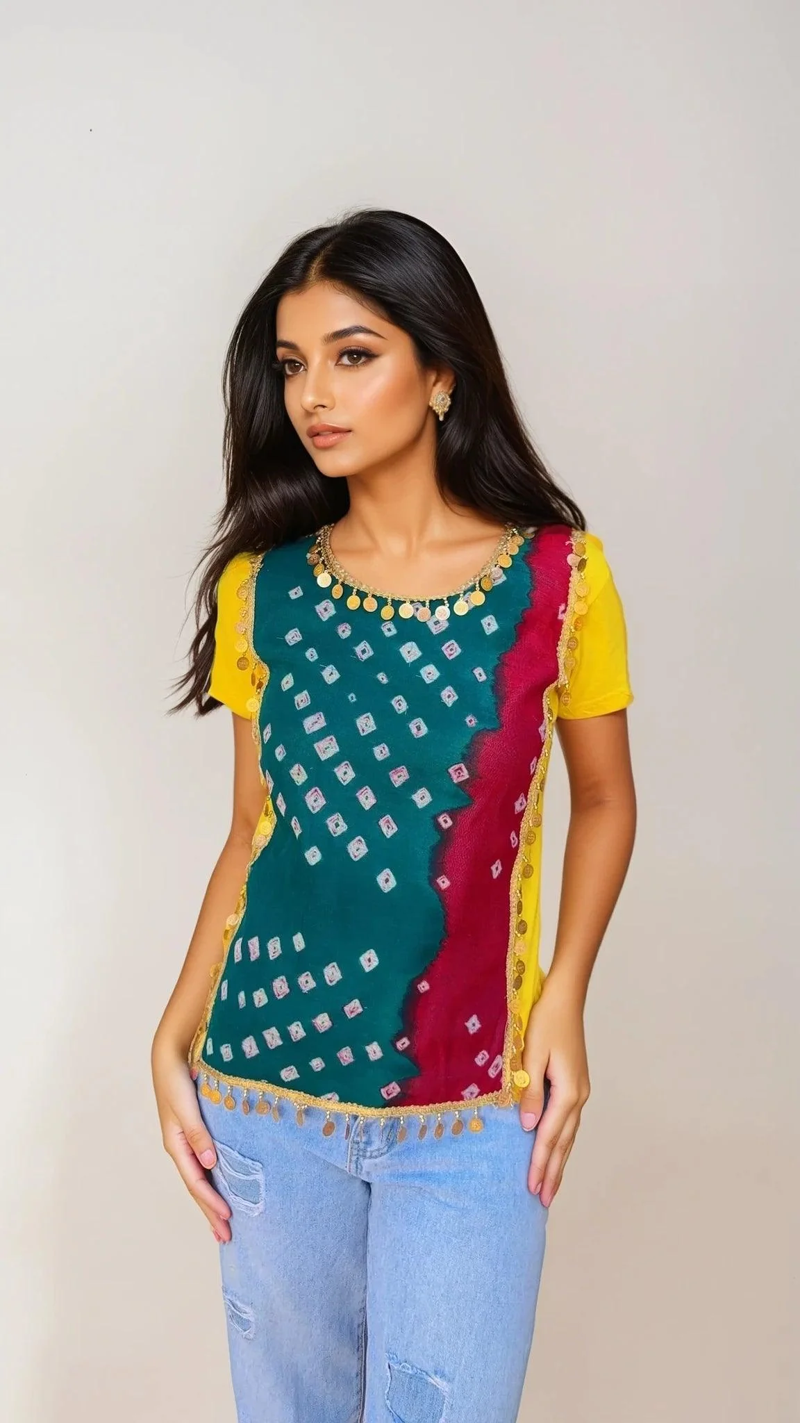 Sunset Bandhej Coin embellished Tee