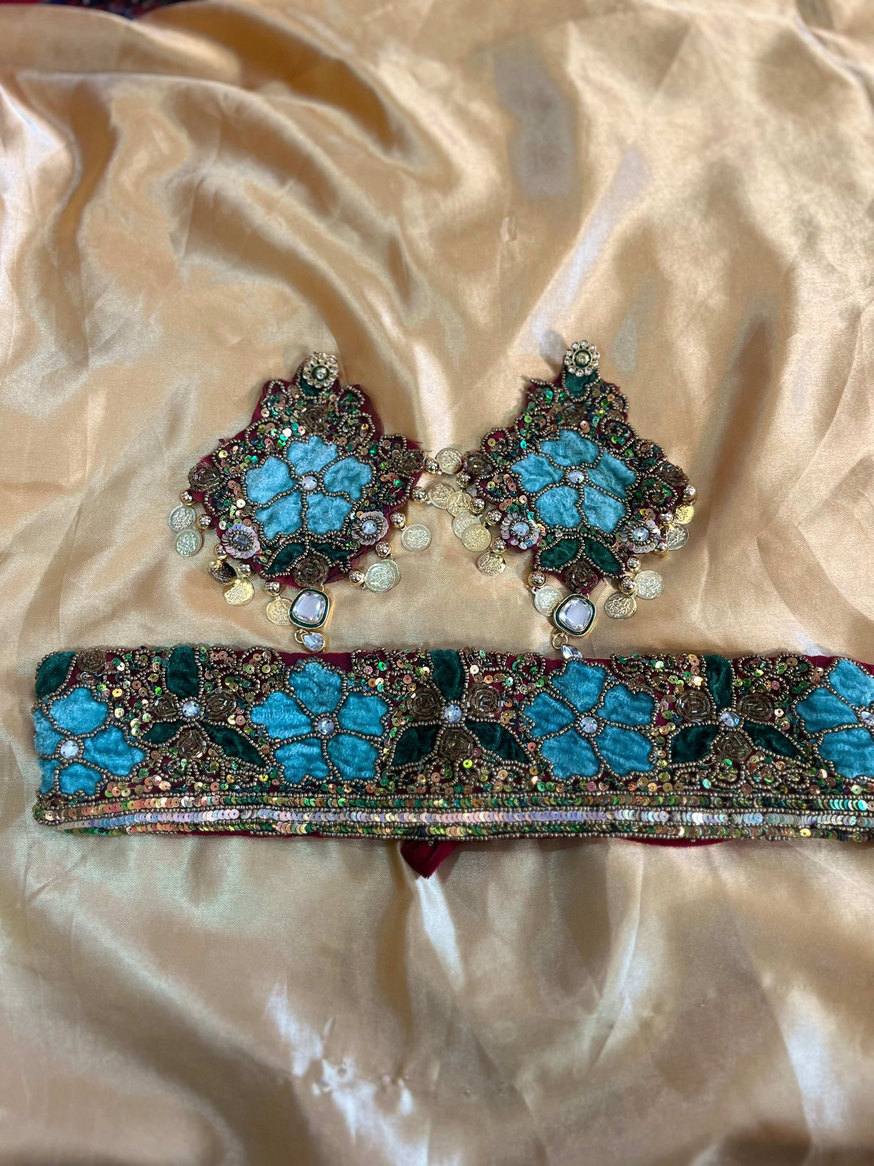Teal Floral Hand-Embroidered Velvet Headband & Earrings Set - Image 2