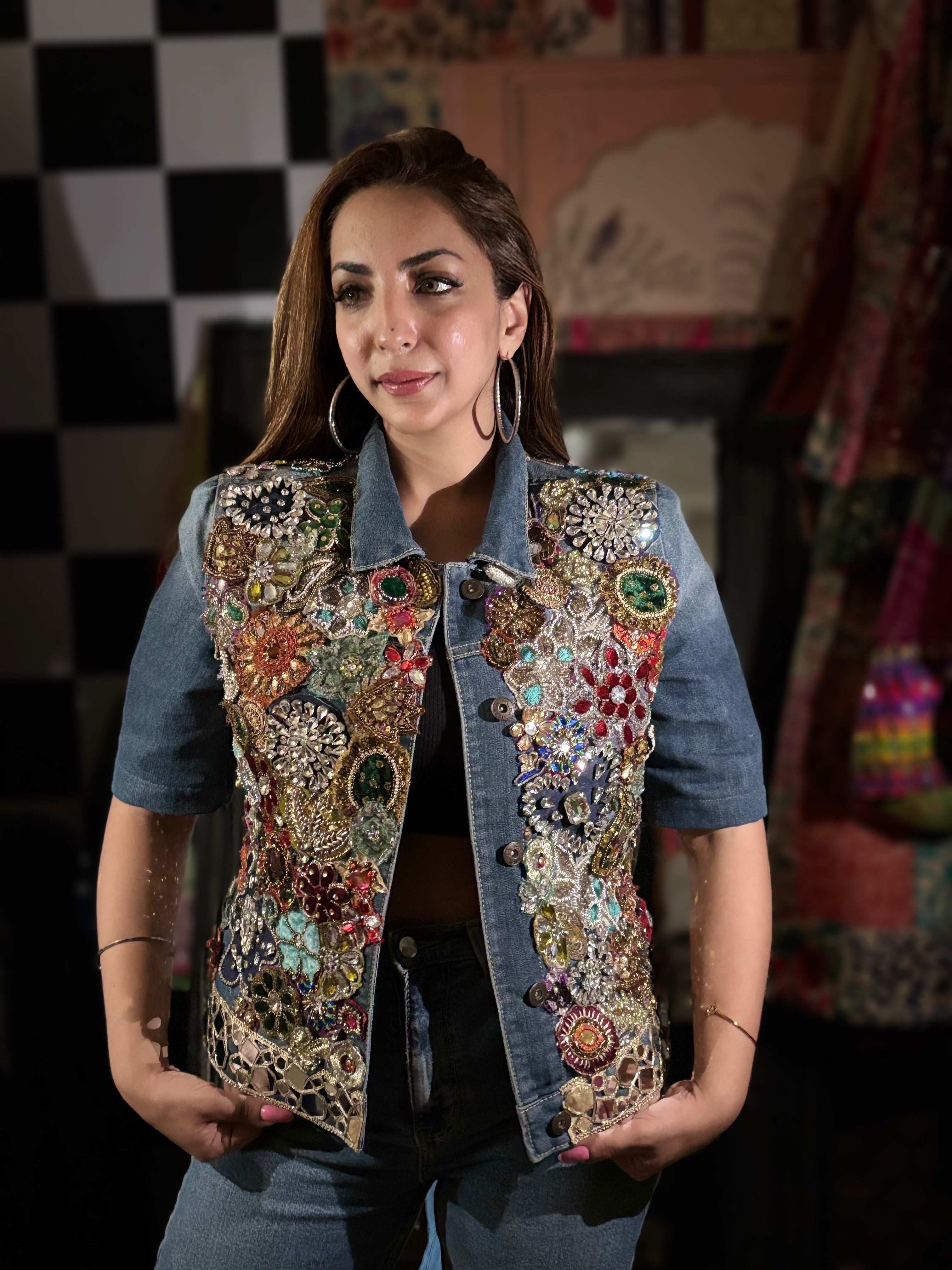 Bejewelled Handcrafted Denim Jacket - Image 3