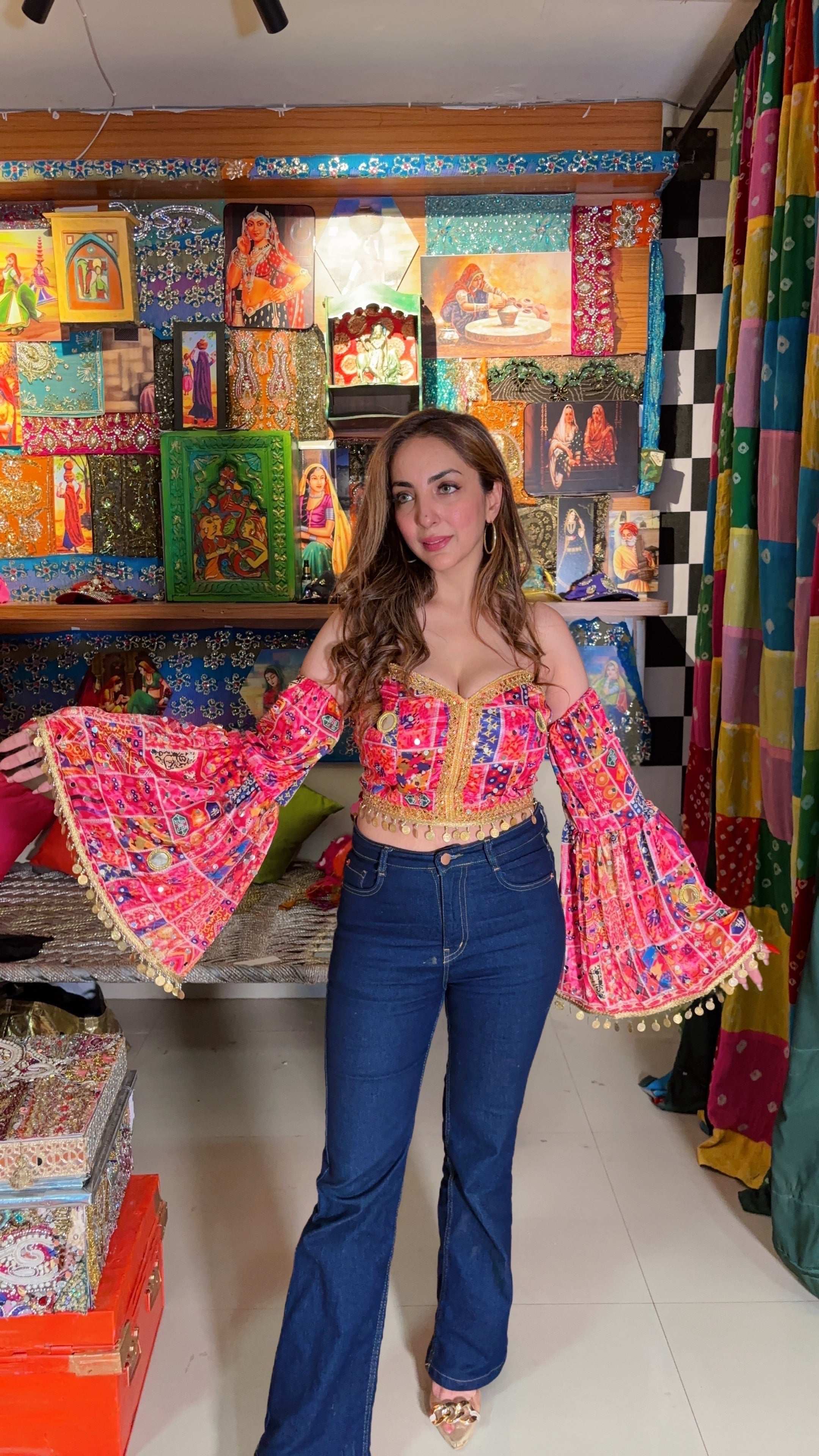 Boho Mirrorwork Bustier with Attached Flared Sleeves - Image 3