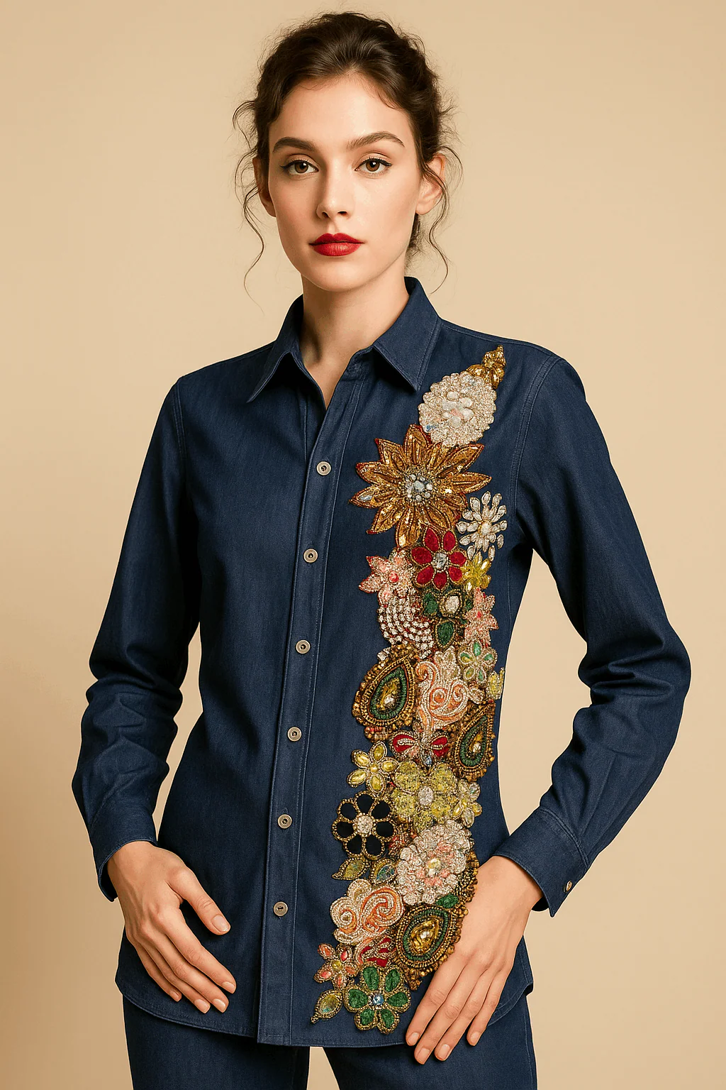 Hand-Embroidered Denim Shirt – Jewel Floral Cascade
