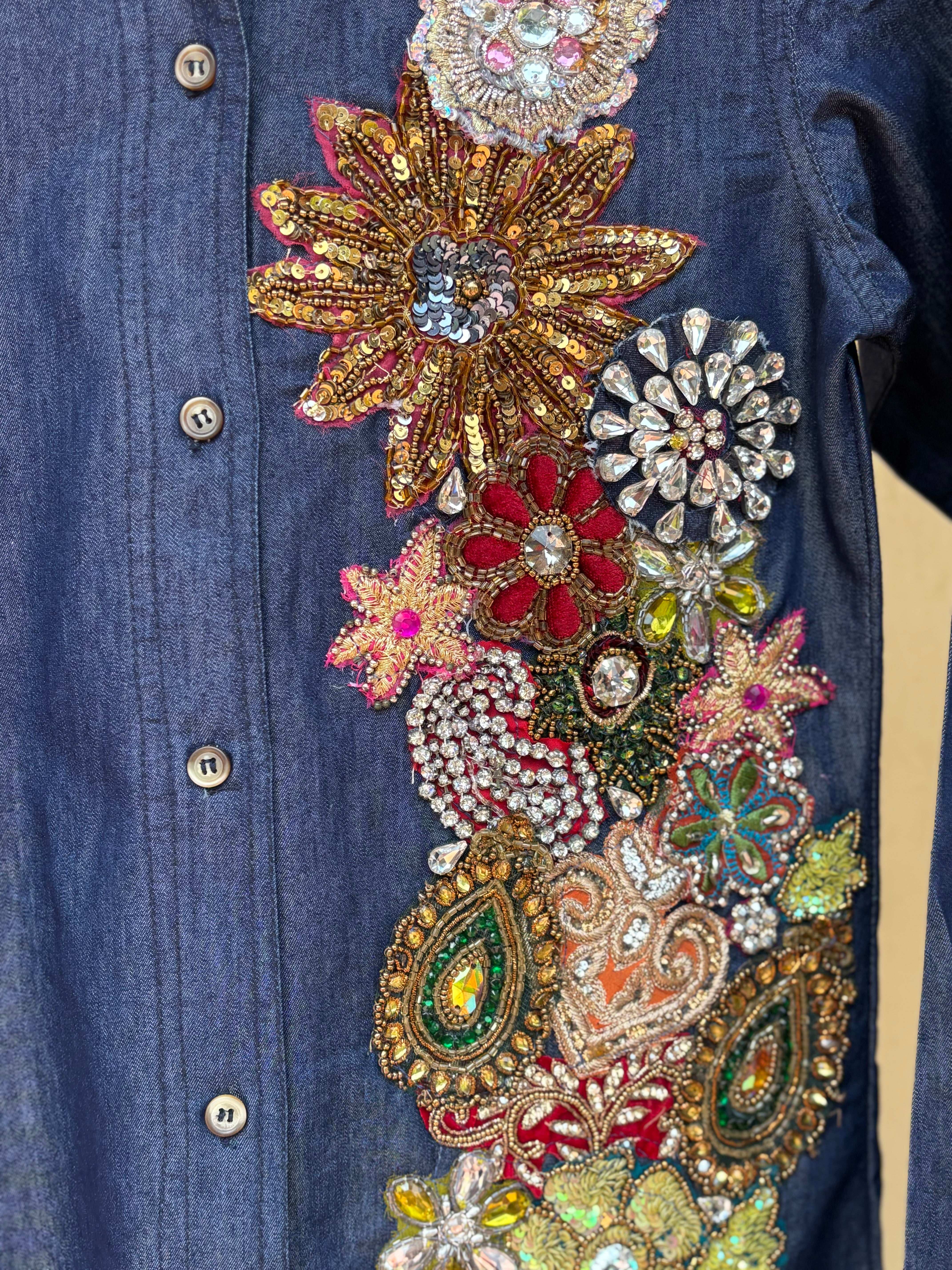 Hand-Embroidered Denim Shirt – Jewel Floral Cascade - Image 3