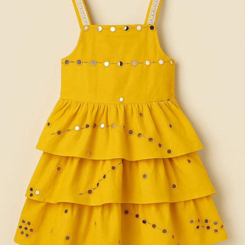Yellow Mirrorwork Tiered Dress – Girls - Image 2
